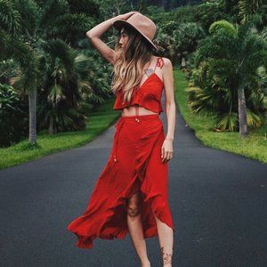Revolve Indah Red Ruffle Summer Crop Top & Skirt Set